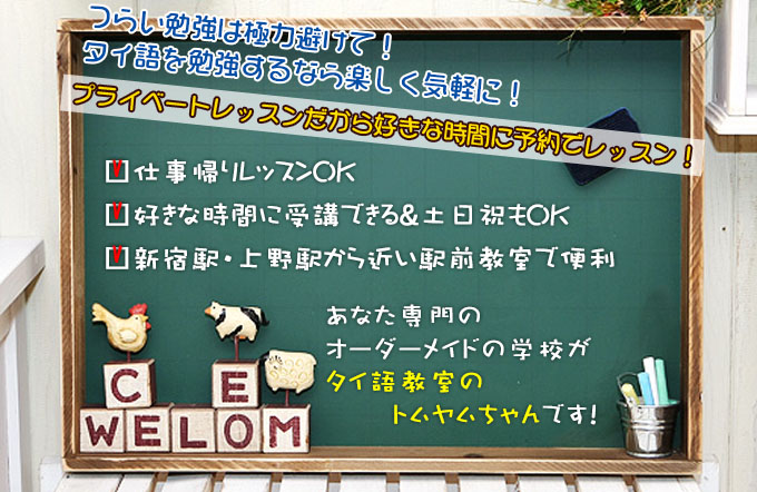 タイ語を勉強するなら楽に気軽に！上野・新宿駅から近い教室で便利。タイ語スクールのトムヤムちゃんです。